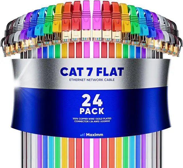 Main image of Maximm Cable CAT7 Flat Ethernet Cable, 24 Pack (Multicolor, 10ft) 10 Gbps, 600 MHz, Shielded RJ45 Gold Connectors Ultra-Thin Flexible Design for Home & Office Networking