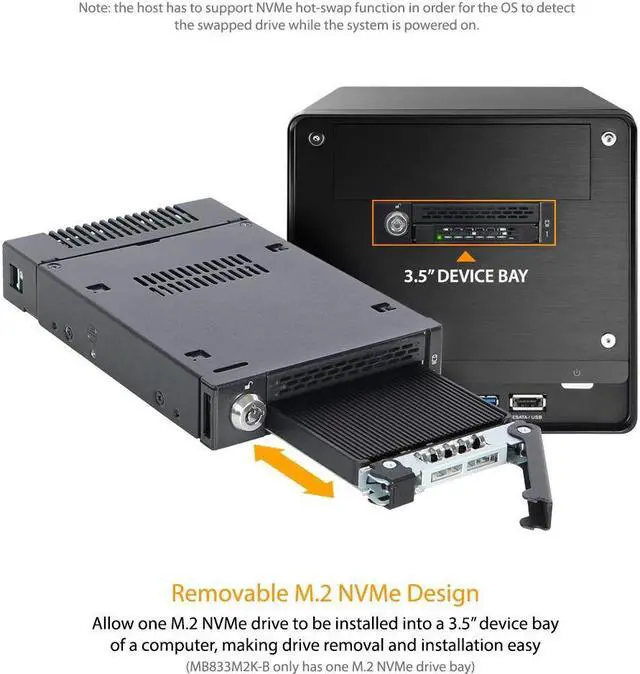 Alt view image 2 of 5 - ICY DOCK M.2 PCIe 3.0/4.0 NVMe SSD Removable Mobile Rack Enclosure for External 3.5 Drive Bay | ToughArmor MB833M2K-B