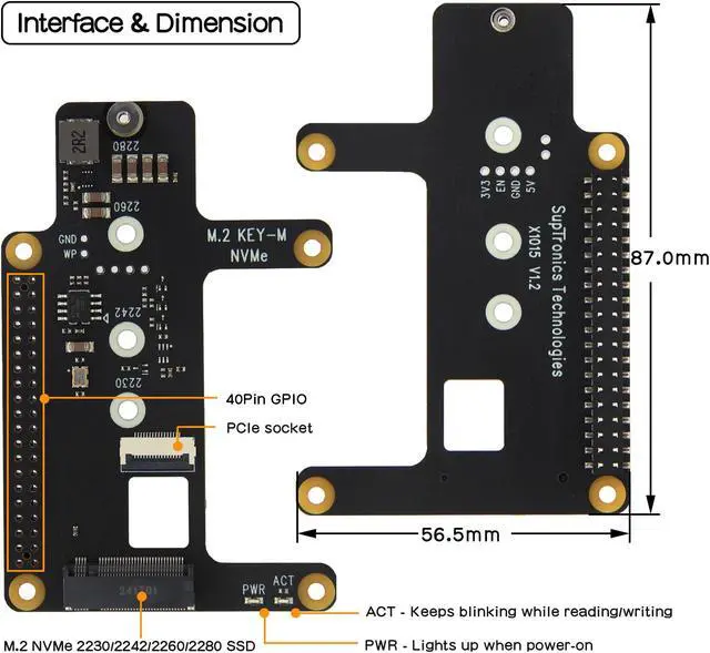 Alt view image 2 of 5 - Geekworm X1015 PCIe to M.2 HAT Key-M NVMe SSD Shield+Metal Case+ Active Cooler H505 for Raspberry Pi 5