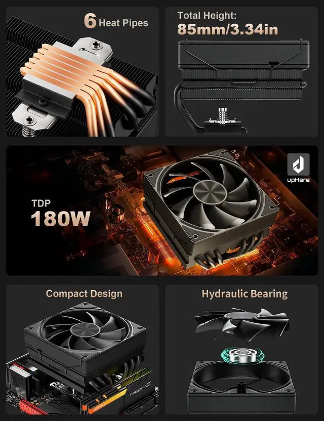 Alt view image 2 of 5 - upHere Low Profile CPU Cooler Ph6mm*6 Low Profile Cooler 120mm Fan Low Profile CPU Cooler AM4 Compatible with AM5/Intel LGA 2011/2066(X79/X99)/1851/1700/1200/1150/1121/1155/1156/1366/1356/AM3/AM2/AM3+