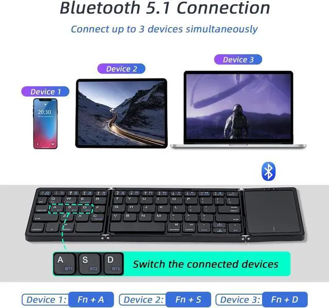 Alt view image 3 of 5 - Mcbazel Foldable Wireless Keyboard with Trackpad, BT 5.1 Rechargeable Multi-Device Mini Keyboard for iOS/Android/Windows, Upgraded Version for Tablet Laptop and PC  Black