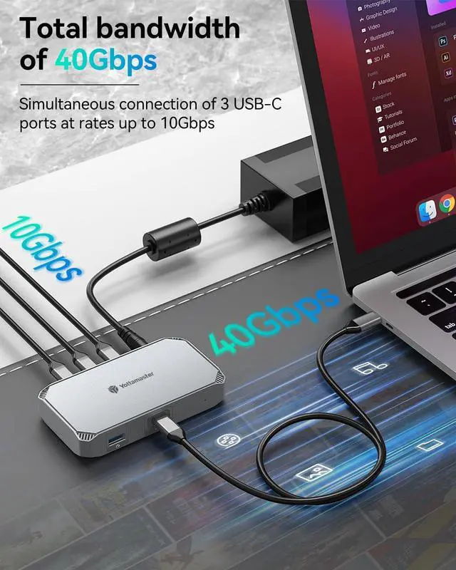 Alt view image 2 of 5 - Yottamaster 40Gbps USB4 Dock, Aluminum 5-in-1 USB C USB4 Hub with Triple Display, 85W PD Charging for MacBook, Dual Monitor Single 8K or Dual 4K@60Hz, Compatible with USB4, Thunderbolt 4/3 [YUB4]