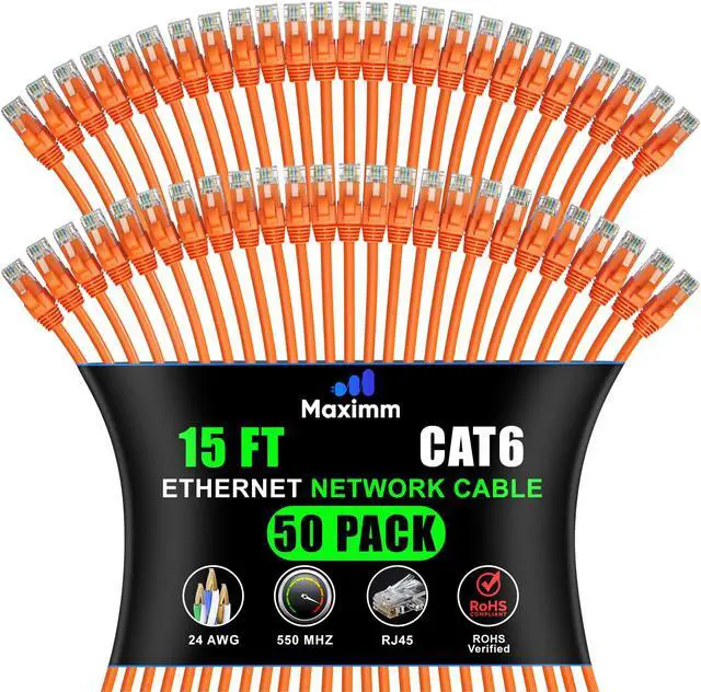 Main image of Maximm Cat 6 Ethernet Cable 15 Ft, (50-Pack) Cat6 Cable, LAN Internet and Network - UTP (Orange) 15 Feet