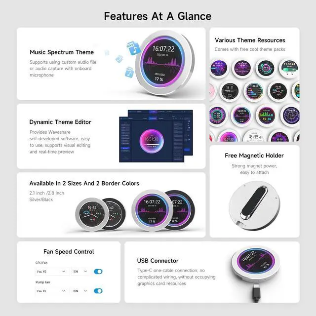 Alt view image 4 of 5 - Waveshare 2.8" CPU/GPU Cooler Round LCD Display, AIO Computer Temp Monitor for Water Cooling Systems, Side Prebuilt Gaming PC Parts, Black