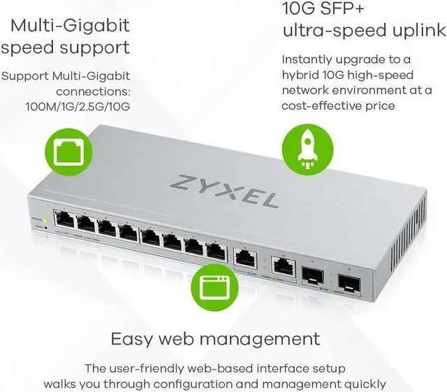Alt view image 5 of 5 - Zyxel 12-Port Multi-Gigabit Ethernet Web Managed Switch | 2 x 2.5GB | 2 x 10G SFP+ Fiber | 8 x GbE Ports | Plug & Play | Desktop or Wall-Mount | Ethernet Splitter XGS1010-12