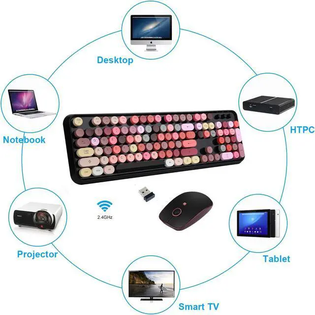 Alt view image 5 of 5 - Letton USB Retro Typewriter Keyboard, Wireless Full Size with 104 Colorful Round Key and Cute Mouse with 3 DPI, 2.4GHz for Office Computer Laptop Mac PC-Black