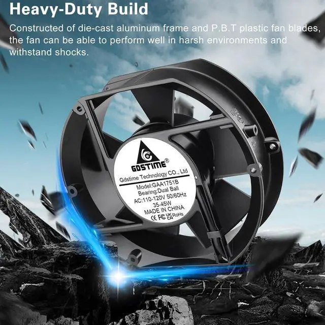 Alt view image 3 of 5 - GDSTIME Axial Fan 17251, 110V 120V AC 172mm x 150mm x 51mm Dual Ball Bearing High Speed for DIY Cooling Ventilation Exhaust Projects