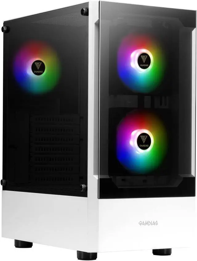 Main image of GAMDIAS White RGB Gaming ATX Mid Tower Computer PC Case with Side Tempered Glass Panel and a Magnetic Dust Filter & 3 Built-in 120mm ARGB Fans