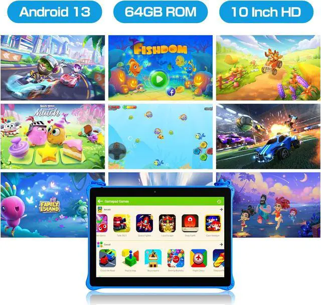 Alt view image 2 of 5 - PRITOM 10 inch Kids Tablets Android 13, Tablet with Lanyard 64GB, Quad-Core, HD IPS Display, WiFi, Dual Camera, Toddler Tablet for Kids Age 3+ (Blue)