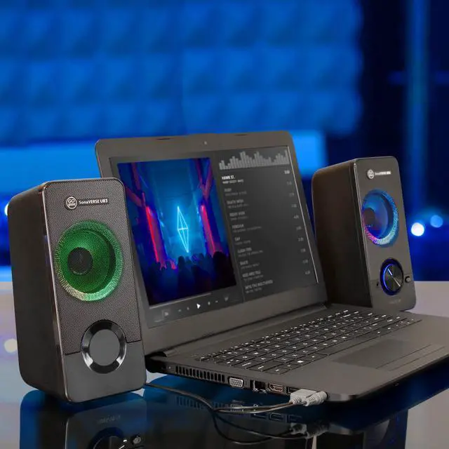 Alt view image 2 of 5 - GOgroove UB3 Computer Speakers for Desktop and Laptop - Monitor Speakers with Loud Bass, 2.5 Inch XL Drivers for 12W of Power, Built-in Headphone and AUX Input Ports, Computer Speakers for Desktop PC