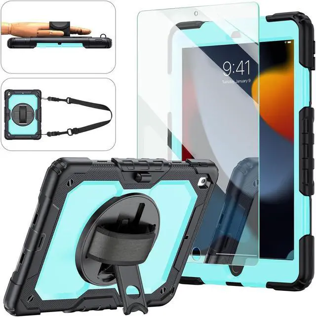 Main image of Ambison Case for iPad 9th/8th/7th Generation 10.2'' 2021/2020/2019, [Kid Proof] Shockproof Case with 9H Tempered Glass Screen Protector, 360° Rotatable Kickstand & Hand Strap (Sky Blue & Black)