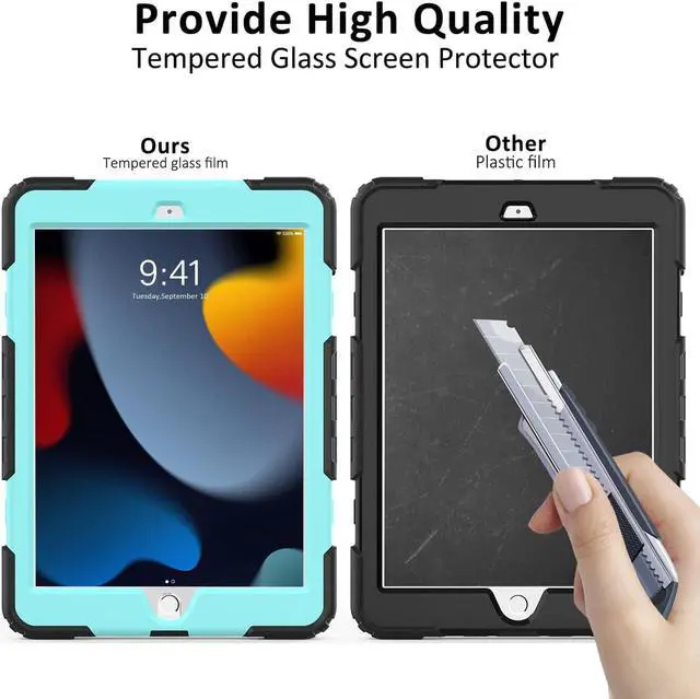 Alt view image 3 of 5 - Ambison Case for iPad 9th/8th/7th Generation 10.2'' 2021/2020/2019, [Kid Proof] Shockproof Case with 9H Tempered Glass Screen Protector, 360° Rotatable Kickstand & Hand Strap (Sky Blue & Black)
