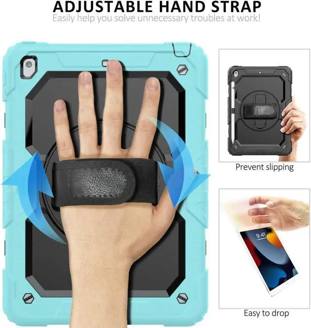 Alt view image 5 of 5 - Ambison Case for iPad 9th/8th/7th Generation 10.2'' 2021/2020/2019, [Kid Proof] Shockproof Case with 9H Tempered Glass Screen Protector, 360° Rotatable Kickstand & Hand Strap (Sky Blue & Black)