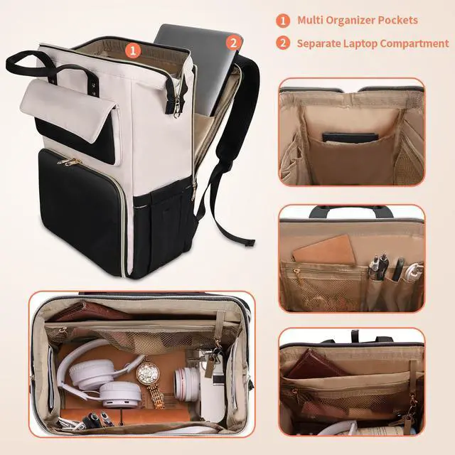 Alt view image 3 of 5 - BERTASCHE Lunch Backpack for Women, 15.6 Inch Laptop Backpack with Insulated Cooler Lunch box, Work Backpack for Teacher Nurse Travel College Picnic, Black-Beige