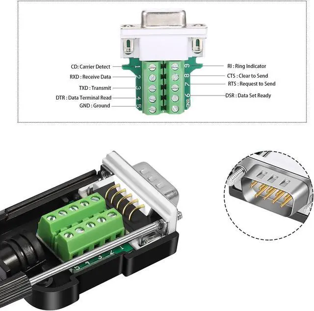Alt view image 4 of 5 - Dbilida DB9 Solderless Connector (5Male+5Female), DB9 Breakout Connector RS232 D-SUB Serial to 9pin Port Terminal with Case