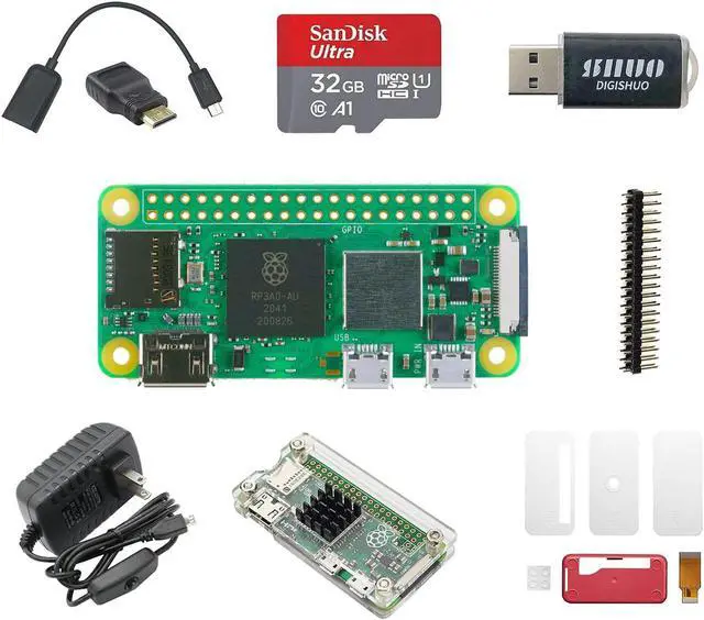 Main image of DIGISHUO Raspberry Pi Zero 2W (Wireless) 9 in 1 Kit Complete Kit Wtih Two Case | 32G San Disk SD Card | Mini HDMI | Micro USB | GPIO Header |5V 3A US Power Supply