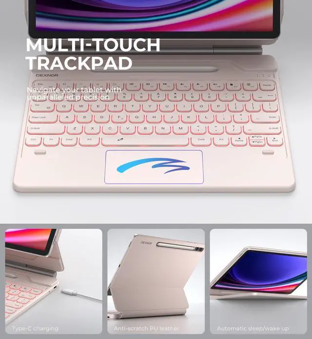 Alt view image 5 of 5 - Dexnor for Samsung Galaxy Tab S10+ Plus/S9+ Plus/S9 FE+ Plus/S8+ Plus/S7+ Plus/S7 FE Case with Keyboard 12.4" Floating Cantilever Magnetic Stand Multi-Touch Trackpad Backlit S Pen Holder - Pink