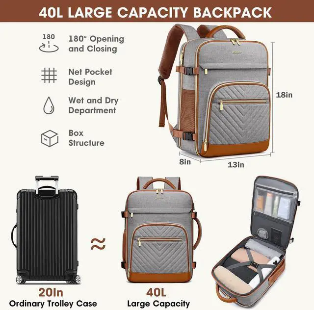 Alt view image 3 of 5 - Large Carry On Travel Backpack: Flight Approved 40L Waterproof Personal Item Daypack for Women Weekender Bag fit 17inch Laptop Luggage Backpack Traveling Business with USB Port and 3 Packing Cubes