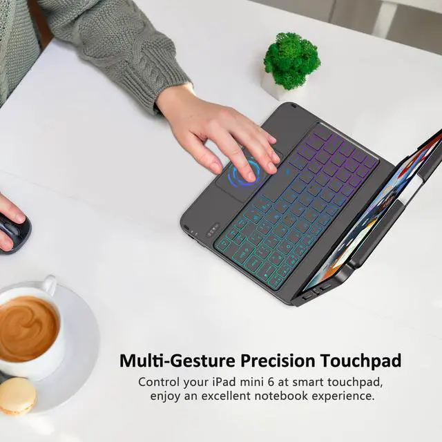 Alt view image 3 of 5 - FUWANG Touchpad Keyboard Case for iPad mini 7 A17 Pro 2024 & Mini 6th Generation 2021 8.3 inch - 360° Rotate 7 Color Backlit Keyboard for iPad mini 7th 6th Generation with Pencil Holder, Black