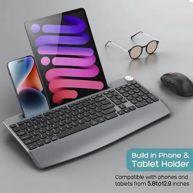 Alt view image 3 of 5 - GAMCATZ Ergonomic Wireless Keyboard and Mouse with Wrist RestPhone Holder - 2.4GHz Full-Sized Low-Profile Quiet Wireless Mouse and Keyboard Combo for Computer, Laptop, PC, Mac-Grey
