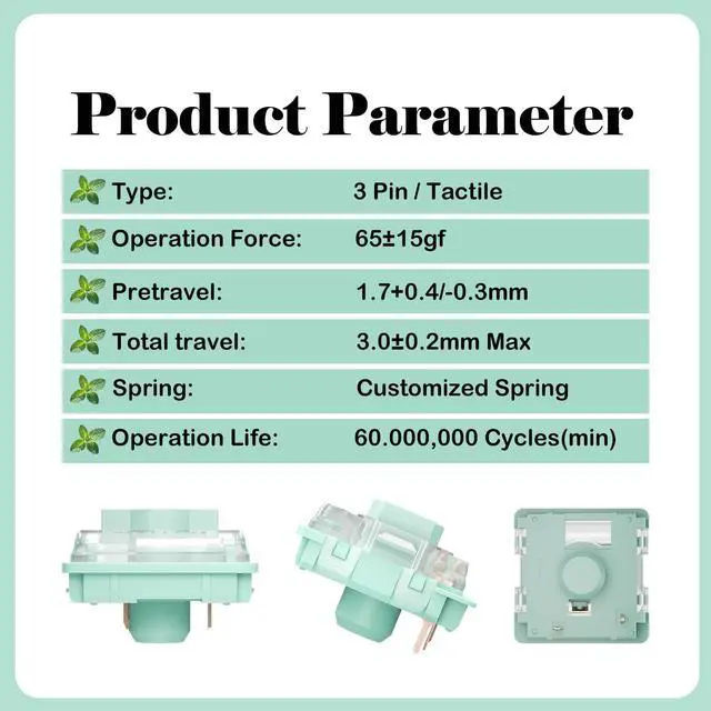 Alt view image 3 of 5 - Gateron KS-33 Low Profile 2.0 Jade Tactile Keyboard Switches,Light Green 3-Pin 65gf RGB LED Factory Pre-lubed for MX Mechanical Keyboard(90Pcs)