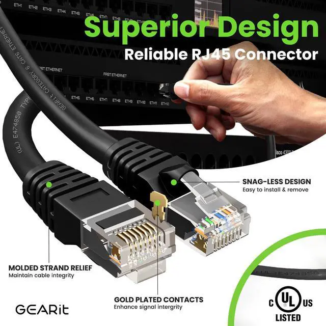 Alt view image 4 of 5 - GEARit Cat 6 Ethernet Cable (5-Pack 100 Feet) Cat6 Network Patch, 10Gbps, RJ45, Snagless Cord, Gold-Plated Connectors, Internet for PC, TV, Tablet, Router, Printer, Servers, IT Data Center - Black
