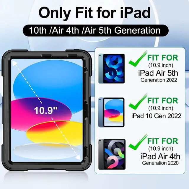 Alt view image 2 of 5 - Hualele for iPad 10th Generation Case 10.9 inch Waterproof,Full Body Rugged Shockproof Dustproof Protective with Built-in Screen Protector,Elastic Hand Strap & Invisible Kickstand,Black