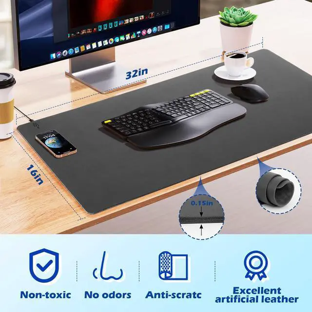 Alt view image 2 of 5 - Wireless Charging Desk Mat with Desk Pad for Desktop Charging Large Mouse Pad Waterproof Leather Computer Mat Mouse Pad Non-Slip Protector on Top of Desks for Keyboard and Mouse (black-l, 32*16inch)