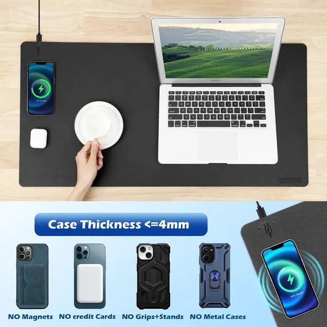 Alt view image 5 of 5 - Wireless Charging Desk Mat with Desk Pad for Desktop Charging Large Mouse Pad Waterproof Leather Computer Mat Mouse Pad Non-Slip Protector on Top of Desks for Keyboard and Mouse (black-l, 32*16inch)
