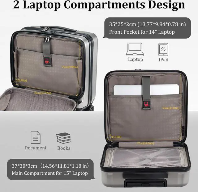 Alt view image 2 of 5 - 16 Inch Carry On Luggage with 2 Compartments for 14 & 15 Laptop, 16.14*8*17.12 Rolling Briefcase, Lightweight Hardshell ABS+PC Suitcase with Spinner Silent Wheels, for Business Trip, Dark Gray