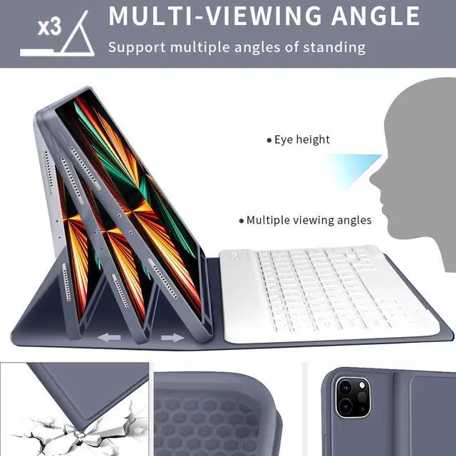 Alt view image 5 of 5 - kenke Keyboard Case for iPad Pro 11 Inch 4th/3rd /2nd Generation (2022/2021/2020), Detachable Wireless Bluetooth Keyboard, Stand Folio Cover with Pencil Holder, Auto Sleep/Wake, Blue Gray