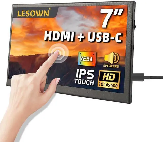 Main image of LESOWN 7 inch Small Portable USB C Monitor 7" Capacitive Touchscreen HD 1024x600 IPS Secondary Sub Screen Mini LCD Display with Speakers for Laptop PC Smartphone