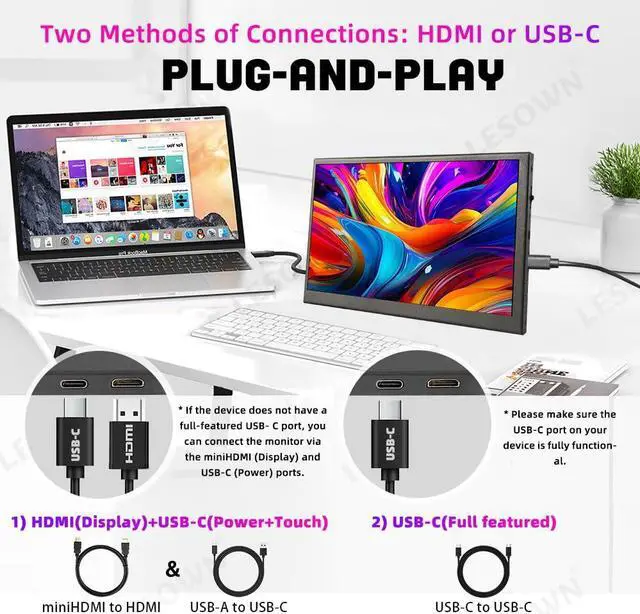 Alt view image 2 of 5 - LESOWN 7 inch Small Portable USB C Monitor 7" Capacitive Touchscreen HD 1024x600 IPS Secondary Sub Screen Mini LCD Display with Speakers for Laptop PC Smartphone
