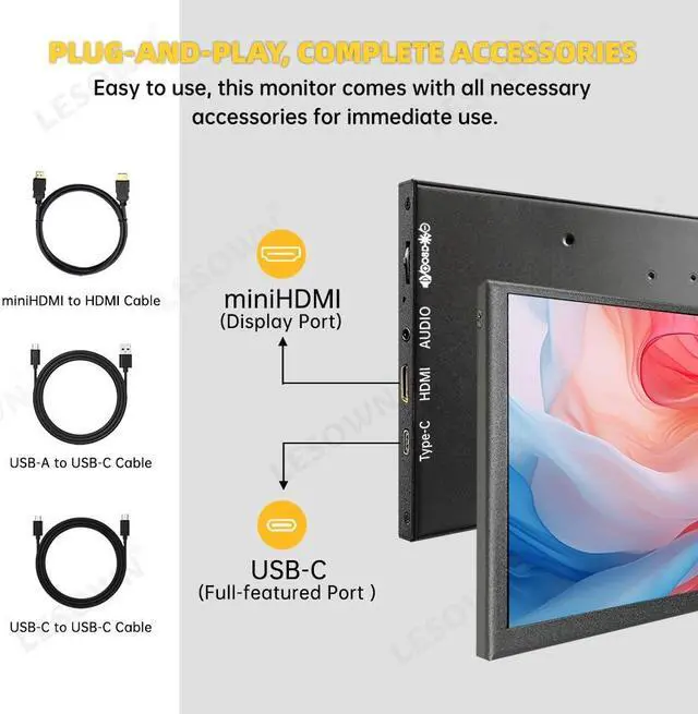 Alt view image 4 of 5 - LESOWN 7 inch Small Portable USB C Monitor 7" Capacitive Touchscreen HD 1024x600 IPS Secondary Sub Screen Mini LCD Display with Speakers for Laptop PC Smartphone