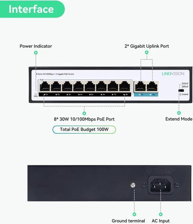 Alt view image 2 of 5 - LINOVISION 8 Ports POE Switch with 2 Gigabit Uplink, 802.3af/at Standart, Total POE Budget 100W, Supports POE Watchdog and Max 820ft Transmission
