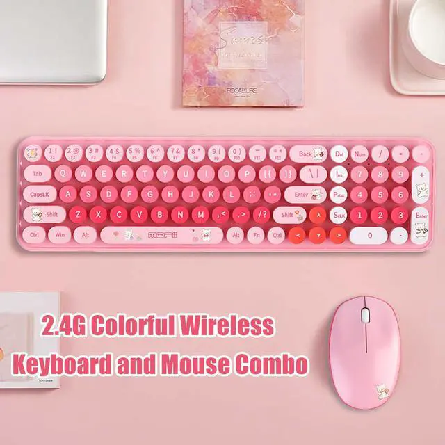 Alt view image 2 of 5 - Cute Baby Bear Compact Wireless Keyboard and Mouse Combo, Colorful 85 Round Keys with Numeric Keys, 2.4G Wireless, Gift for Girls and Kids, Compatible with Notebook, PC (Pink)