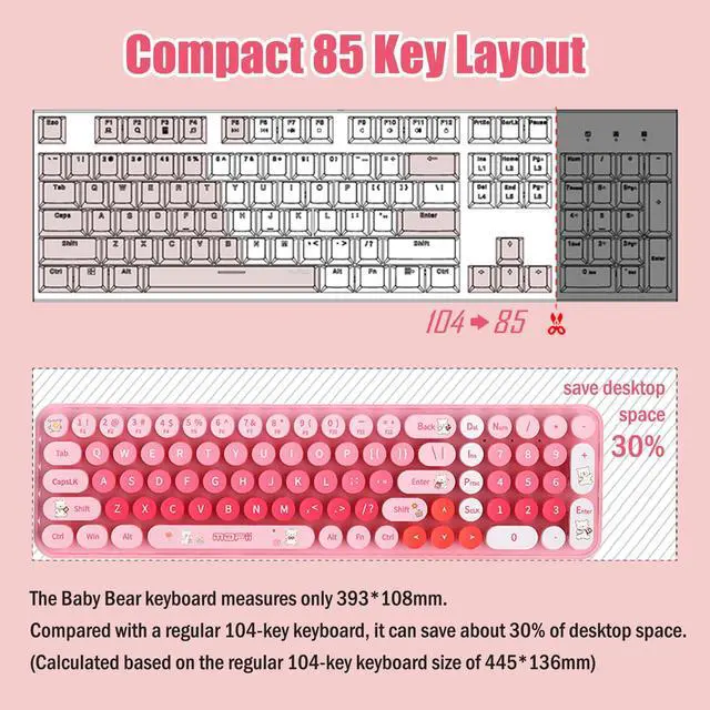Alt view image 5 of 5 - Cute Baby Bear Compact Wireless Keyboard and Mouse Combo, Colorful 85 Round Keys with Numeric Keys, 2.4G Wireless, Gift for Girls and Kids, Compatible with Notebook, PC (Pink)