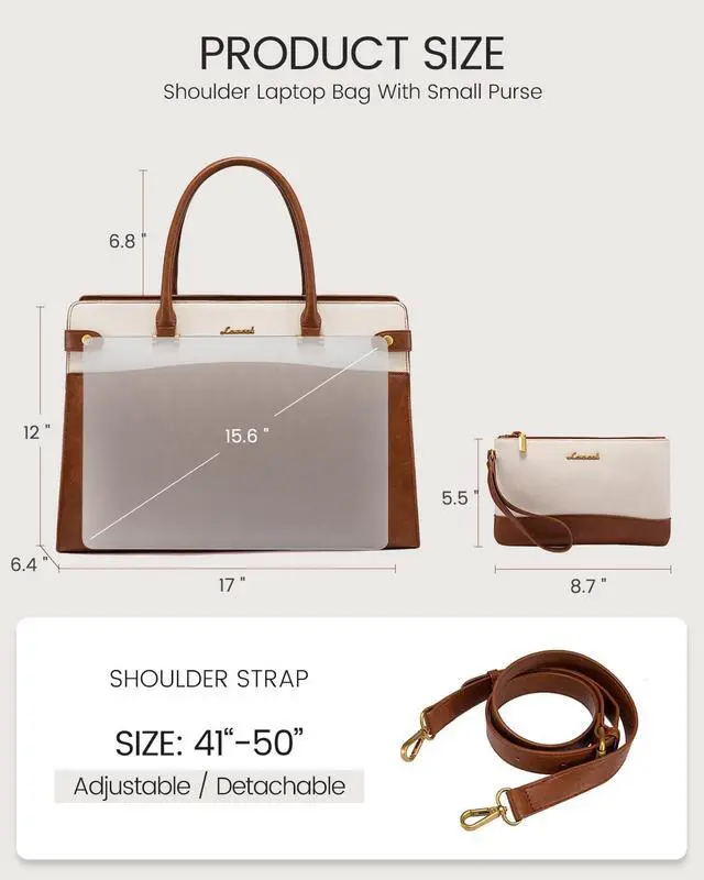 Alt view image 4 of 5 - LOVEVOOK Laptop Bag for Women, Vintage Leather Laptop Tote Bag Work Bags for Women, Waterproof Computer Bag Business Office Briefcase Large Shoulder Handbag Purse, 15.6 Inch, Brown-Beige