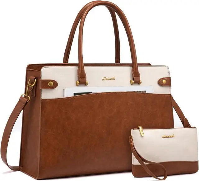 Main image of LOVEVOOK Laptop Bag for Women, Vintage Leather Laptop Tote Bag Work Bags for Women, Waterproof Computer Bag Business Office Briefcase Large Shoulder Handbag Purse, 15.6 Inch, Brown-Beige