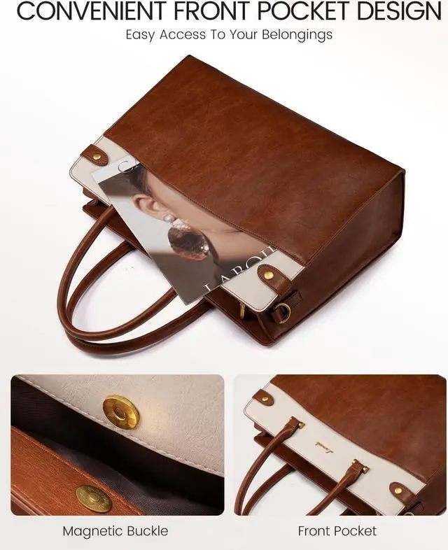 Alt view image 2 of 5 - LOVEVOOK Laptop Bag for Women, Vintage Leather Laptop Tote Bag Work Bags for Women, Waterproof Computer Bag Business Office Briefcase Large Shoulder Handbag Purse, 15.6 Inch, Brown-Beige
