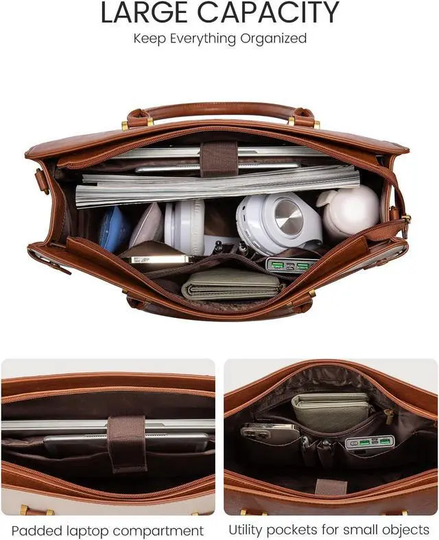 Alt view image 3 of 5 - LOVEVOOK Laptop Bag for Women, Vintage Leather Laptop Tote Bag Work Bags for Women, Waterproof Computer Bag Business Office Briefcase Large Shoulder Handbag Purse, 15.6 Inch, Brown-Beige