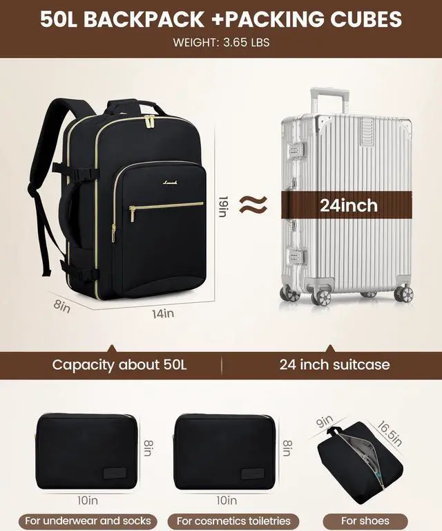 Alt view image 5 of 5 - LOVEVOOK Carry on Backpack, 50L Travel Backpack Flight Approved, Waterproof Large 18inch Laptop Backpack Luggage Daypack Business Weekender Overnight with 3 Packing Cubes, Black-Black
