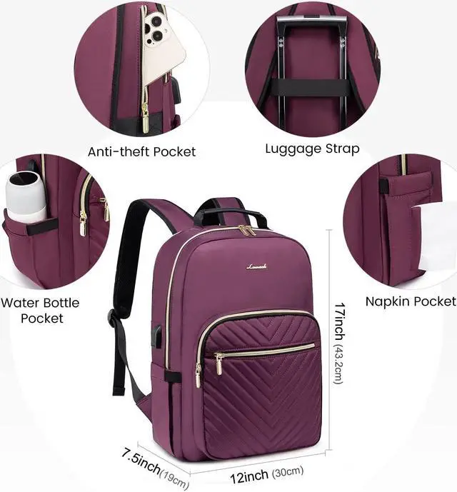 Alt view image 3 of 5 - LOVEVOOK Laptop Backpack for Women 17.3 inch,Cute Womens Travel Backpack Purse,Professional Laptop Computer Bag,Waterproof Work Business Teacher Bags Carry on Backpack with USB Port,Deep-Purple