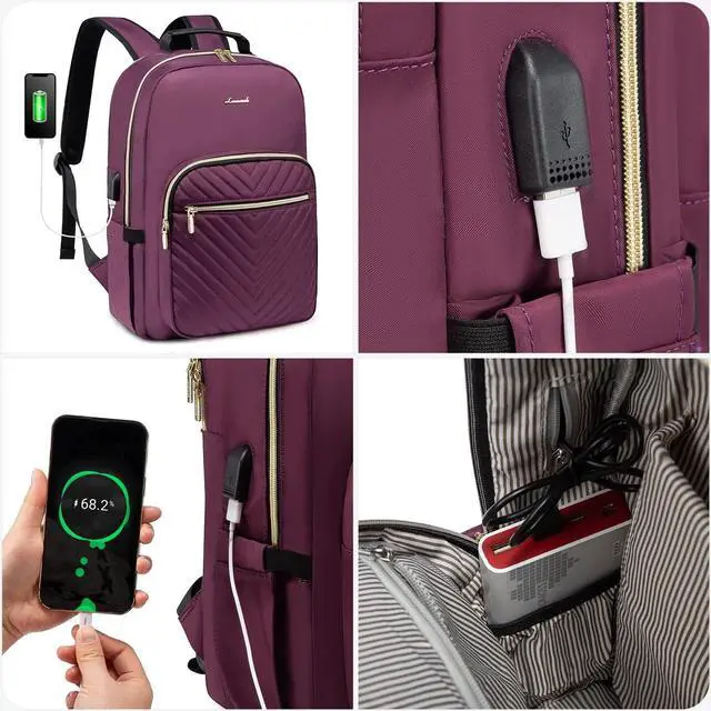 Alt view image 5 of 5 - LOVEVOOK Laptop Backpack for Women 17.3 inch,Cute Womens Travel Backpack Purse,Professional Laptop Computer Bag,Waterproof Work Business Teacher Bags Carry on Backpack with USB Port,Deep-Purple