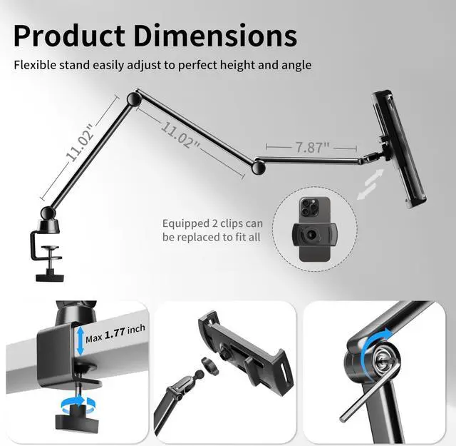 Alt view image 2 of 5 - LULULOOK iPad Stand for Desk, Aluminum Alloy Arm Mount, Adjustable Holder Stand for iPad Pro 12.9/iPad mini Air, Samsung Galaxy, iPhone, Kindle, Portable Monitor Tablet 4.7"-13"(2 Clips)