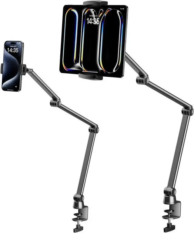 Main image of LULULOOK iPad Stand for Desk, Aluminum Alloy Arm Mount, Adjustable Holder Stand for iPad Pro 12.9/iPad mini Air, Samsung Galaxy, iPhone, Kindle, Portable Monitor Tablet 4.7"-13"(2 Clips)