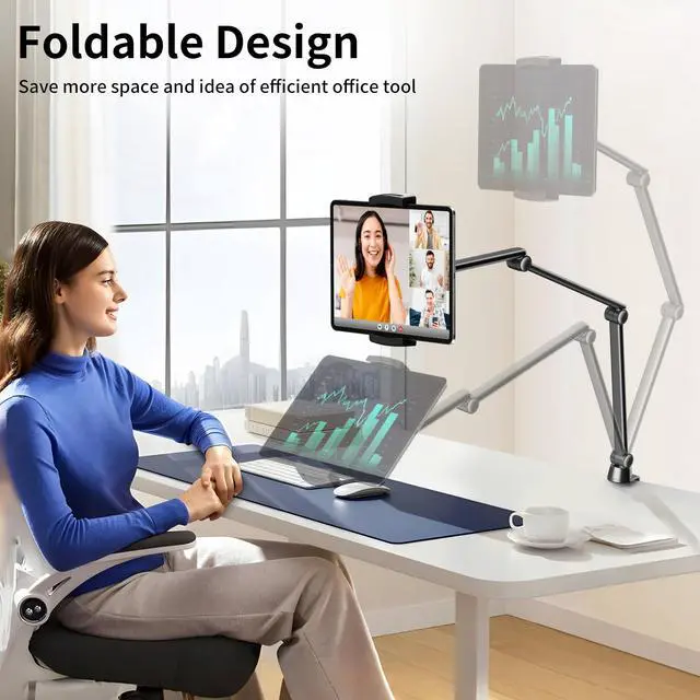 Alt view image 3 of 5 - LULULOOK iPad Stand for Desk, Aluminum Alloy Arm Mount, Adjustable Holder Stand for iPad Pro 12.9/iPad mini Air, Samsung Galaxy, iPhone, Kindle, Portable Monitor Tablet 4.7"-13"(2 Clips)