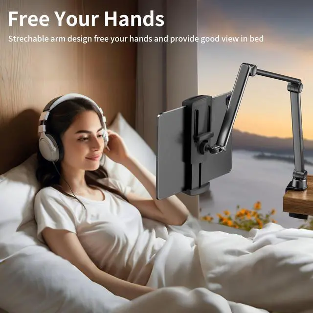 Alt view image 5 of 5 - LULULOOK iPad Stand for Desk, Aluminum Alloy Arm Mount, Adjustable Holder Stand for iPad Pro 12.9/iPad mini Air, Samsung Galaxy, iPhone, Kindle, Portable Monitor Tablet 4.7"-13"(2 Clips)