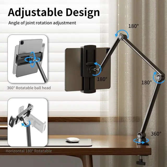 Alt view image 4 of 5 - LULULOOK iPad Stand for Desk, Aluminum Alloy Arm Mount, Adjustable Holder Stand for iPad Pro 12.9/iPad mini Air, Samsung Galaxy, iPhone, Kindle, Portable Monitor Tablet 4.7"-13"(2 Clips)