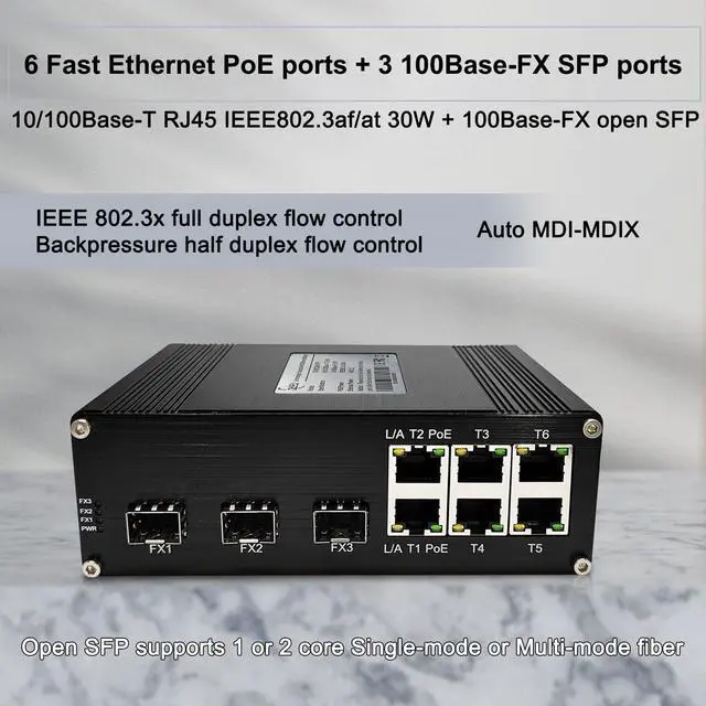 Alt view image 2 of 5 - Unmanaged 6 Ports Fast PoE Switch Industrial Din-Rail Ethernet Switch with 3 SFP Slots IEEE802.3af/at 30W Up to 180W 10/100Mbps Network Fiber Switch 48V DC
